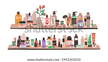 Beauty and skincare cosmetic products, decorative cosmetics, makeup items, perfumery and toiletries in bottles and tubes on shelves. Colored flat vector illustration isolated on white background