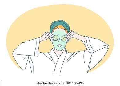 Beauty, skincare, cosmetics concept. Young smiling woman cartoon character applying green facial mask and covering eyes with cucumber parts for looking good and fresh. Dermatology, cosmetology