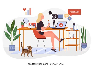 Beauty skincare cosmetics and make up vlog in social media. Attractive woman influencer recording makeup video tutorials on camera flat vector illustration. Webinar, internet, fashion concept