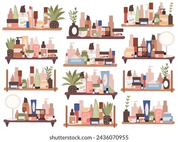 Beauty skincare cosmetics products, decorative makeup items, perfumery accessory and toiletries supplies standing on shelf isolated set. Row of different bottles, jars and tubes vector illustration