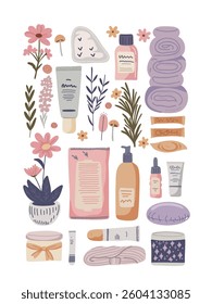 beauty and skincare flatlay with cosmetics and flowers