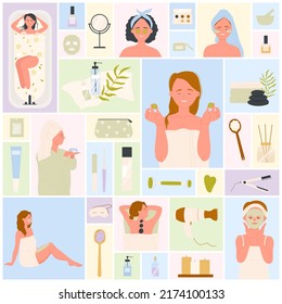 Beauty skincare, hygiene of girl set vector illustration. Cartoon young woman in bath with foam, moisturizing face mask and eye patches, makeup and manicure tools in geometric collage background