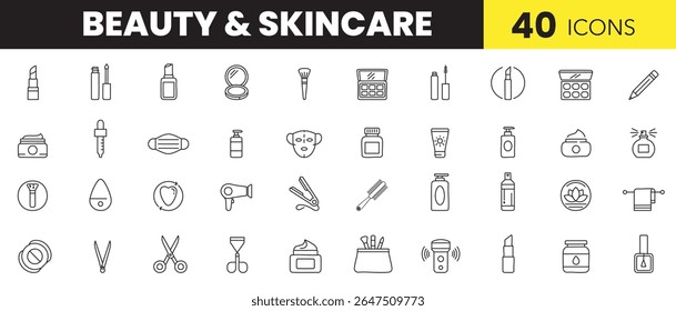 Beauty and Skincare Line Art Icon Set Minimal Outline Icons for Cosmetics, Self-Care, and Personal Grooming