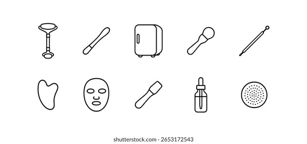 Beauty and skincare line icon set. self-care tools, face mask, serum outline collection