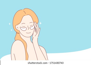 Beauty, Skincare, Makeup Concept. Young Happy Smiling Beautiful Woman Girl Cartoon Character With Natural Clean Skin And Patches Standing With Closed Eyes. Healthy Lifestyle And Fashion Illustration.