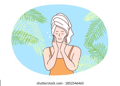 Beauty, skincare, makeup concept. Young happy smiling woman cartoon character using testing natural organic cosmetic oil moisturizer products. Eco lotion foam cream applying advertising and healthcare