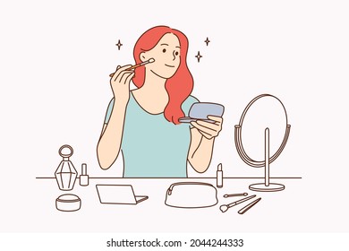 Beauty  skincare   makeup concept  Young pretty girl cartoon character sitting making makeup and brush looking at mirror vector illustration 
