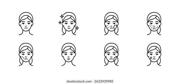 Beauty, skincare outline icon set - facial, routine, self-care, cosmetic symbols