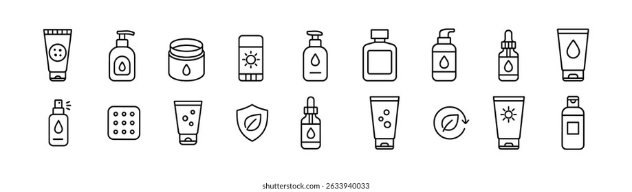 Beauty, skincare outline icon set - cosmetic, wellness, self-care symbols