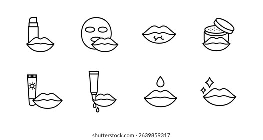 Beauty, skincare outline icon set: lip care, products for healthy lips