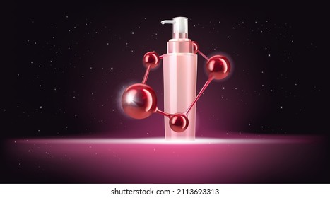 Beauty Skincare products with red molecule.cosmetics bottles mockup banner.Realistic 3d vector