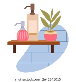 Beauty skincare products shelf. Bathroom skincare products, organic soap or lotion, shampoo tubes and potted plant flat vector illustration. Cartoon bathroom decor elements