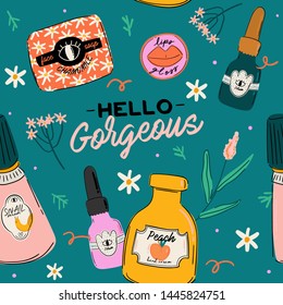 Beauty skincare seamless pattern with natural organic cosmetic products in bottles, jars, tubes for skin in trendy style. Cute girl power illustration and lettering. Vector