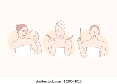 Beauty, skincare, spa set concept. Young beautiful woman covering in towel shows ok sign. Girl is surprised by effect of skincare ointment . Happy female got idea to go to spa. Simple flat vector.