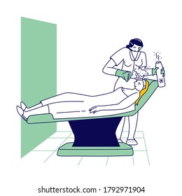 Beauty, Skincare Wellness Treatment Concept. Female Character Applying Cryotherapy Procedure Doctor Processing Woman Face with Nitrogen at Cosmetology Clinic Chamber. Linear People Vector Illustration