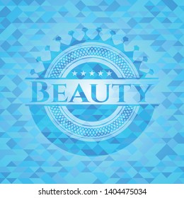 Beauty sky blue emblem with mosaic ecological style background