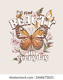 beauty slogan with butterfly and flower wreath hand drawn graphic vector illustration
