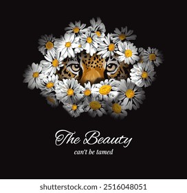 beauty slogan with leopard hidden in white daisy flowers garden vector illustration on black background