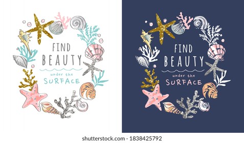 beauty slogan in seashells and glitters frame illustration