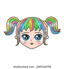 Beauty smile manga anime girl face. Vector hand drawn anime manga cartoon kawaii character logo illustration. Girl,woman,lady face,rainbow haircharacter t-shirt,poster,logo print concept