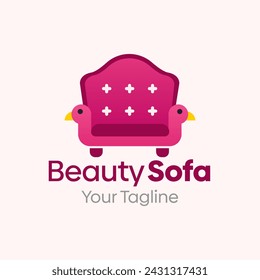 Beauty Sofa Logo Vector  Illustration. Template Design Idea Combining Furniture with Flamingo bird