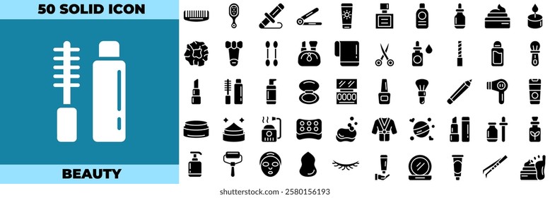 Beauty Solid Editable Icons set. Vector illustration in modern thin solid style of beauty icons: Moisture cream, acid, anti wrinkle serum, etc