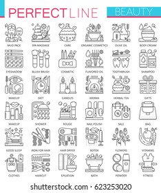 Beauty spa cosmetic concept symbols. Perfect thin line icons. Modern linear style illustrations set.