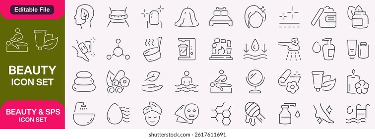Beauty and Spa editable stroke outline icons set. Beauty, yoga, aromatherapy, spa, skin care, massage and cosmetics. Vector illustration.