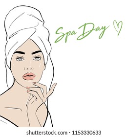 Beauty spa face, pretty woman in towel and in bathrobe. Portrait girl shining purity. Fashion, style, beauty. Graphic, sketch drawing. Spa day card concept. Vector illustration Fashion, style, beauty