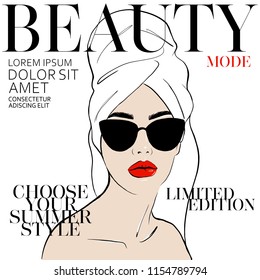 Beauty spa face with red lips and with sunglasses, pretty woman in towel and bathrobe in style of magazine cover design. Portrait girl Fashion style, beauty. Graphic, sketch drawn. Vector illustration