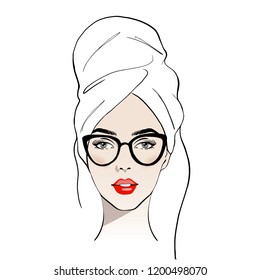 Beauty spa face with red lips and with glasses, pretty woman in towel and in bathrobe. Portrait girl shining purity. Fashion, style, beauty. Graphic, sketch drawing. Stock Vector illustration