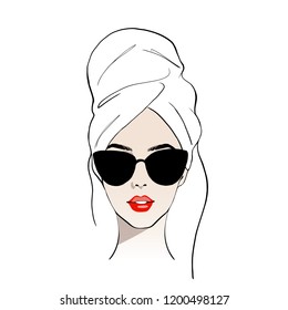 Beauty spa face with red lips, pretty woman in towel and in bathrobe. Portrait girl shining purity. Fashion, style, beauty. Graphic, sketch drawing. Stock Vector illustration