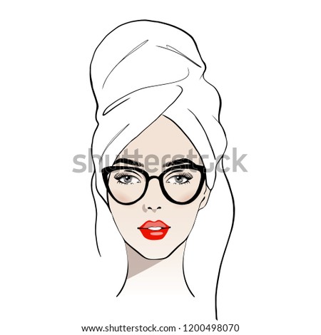 Beauty spa face with red lips and with glasses, pretty woman in towel and in bathrobe. Portrait girl shining purity. Fashion, style, beauty. Graphic, sketch drawing. Stock Vector illustration