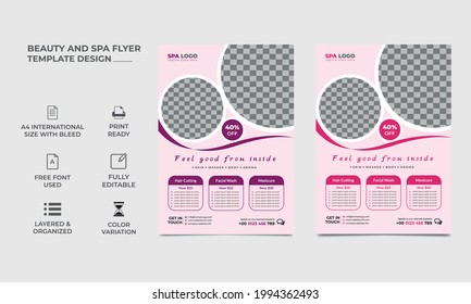 beauty and spa flyer design, two color variant. Two images can use in the template. Smart looking vector a4 size, eps 10.