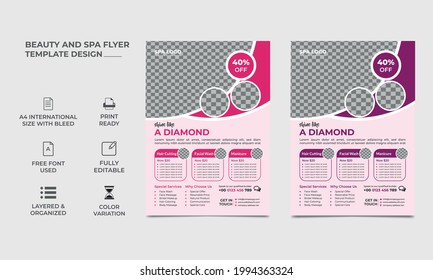 diseño flyer de belleza y spa, con dos variantes de color. Se pueden utilizar tres imágenes en la plantilla. Vector de aspecto inteligente a4 tamaño, eps 10 versión.