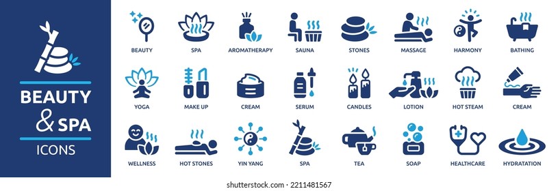 Beauty and Spa icon set. Containing sauna, aromatherapy, treatment, yoga, skin care and wellness icons. Solid icons vector collection.