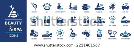 Beauty and Spa icon set. Containing sauna, aromatherapy, treatment, yoga, skin care and wellness icons. Solid icons vector collection.