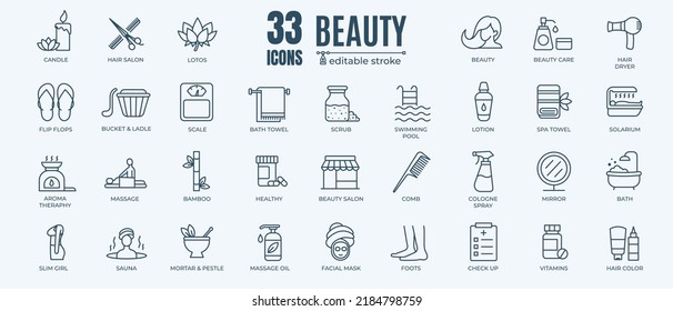 Icono de belleza y spa con trazo editable y fondo blanco. Vector de material de estilo de línea delgada.