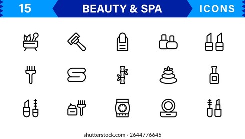 Beauty and Spa Icon Set Representing Wellness, Facial, Skin Care, Relaxation, and Beauty Treatments in a Clean, Professional, Minimalist Vector Design