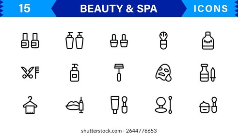 Beauty and Spa Icon Set Representing Wellness, Facial, Skin Care, Relaxation, and Beauty Treatments in a Clean, Professional, Minimalist Vector Design