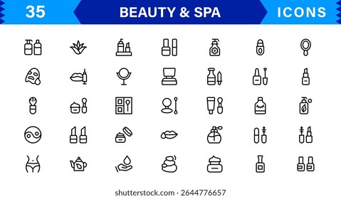 Beauty and Spa Icon Set Representing Wellness, Facial, Skin Care, Relaxation, and Beauty Treatments in a Clean, Professional, Minimalist Vector Design