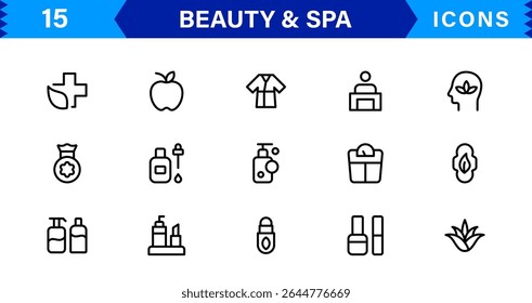 Beauty and Spa Icon Set Representing Wellness, Facial, Skin Care, Relaxation, and Beauty Treatments in a Clean, Professional, Minimalist Vector Design