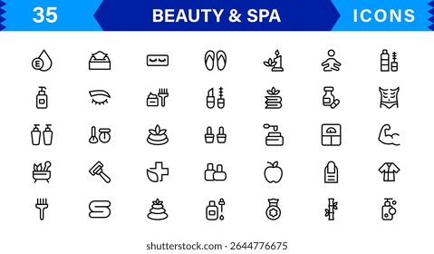 Beauty and Spa Icon Set Representing Wellness, Facial, Skin Care, Relaxation, and Beauty Treatments in a Clean, Professional, Minimalist Vector Design