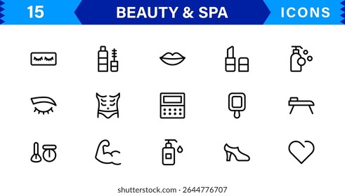 Beauty and Spa Icon Set Representing Wellness, Facial, Skin Care, Relaxation, and Beauty Treatments in a Clean, Professional, Minimalist Vector Design