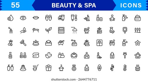 Beauty and Spa Icon Set Representing Wellness, Facial, Skin Care, Relaxation, and Beauty Treatments in a Clean, Professional, Minimalist Vector Design