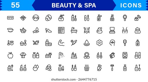 Beauty and Spa Icon Set Representing Wellness, Facial, Skin Care, Relaxation, and Beauty Treatments in a Clean, Professional, Minimalist Vector Design