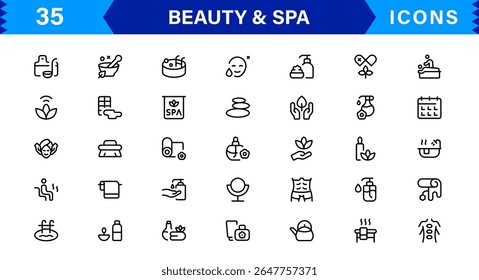 Beauty and Spa Icon Set Representing Wellness, Facial, Skin Care, Relaxation, and Beauty Treatments in a Clean, Professional, Minimalist Vector Design
