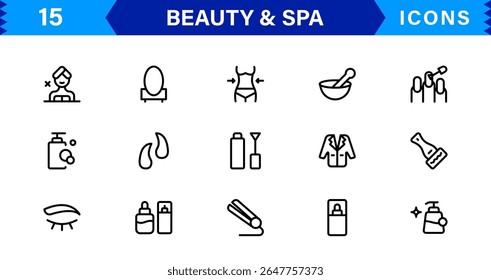Beauty and Spa Icon Set Representing Wellness, Facial, Skin Care, Relaxation, and Beauty Treatments in a Clean, Professional, Minimalist Vector Design