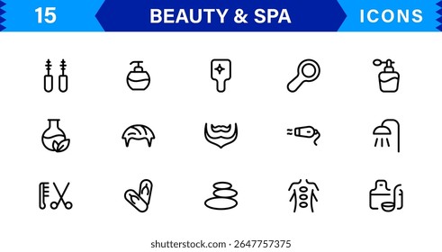 Beauty and Spa Icon Set Representing Wellness, Facial, Skin Care, Relaxation, and Beauty Treatments in a Clean, Professional, Minimalist Vector Design