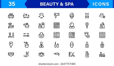 Beauty and Spa Icon Set Representing Wellness, Facial, Skin Care, Relaxation, and Beauty Treatments in a Clean, Professional, Minimalist Vector Design